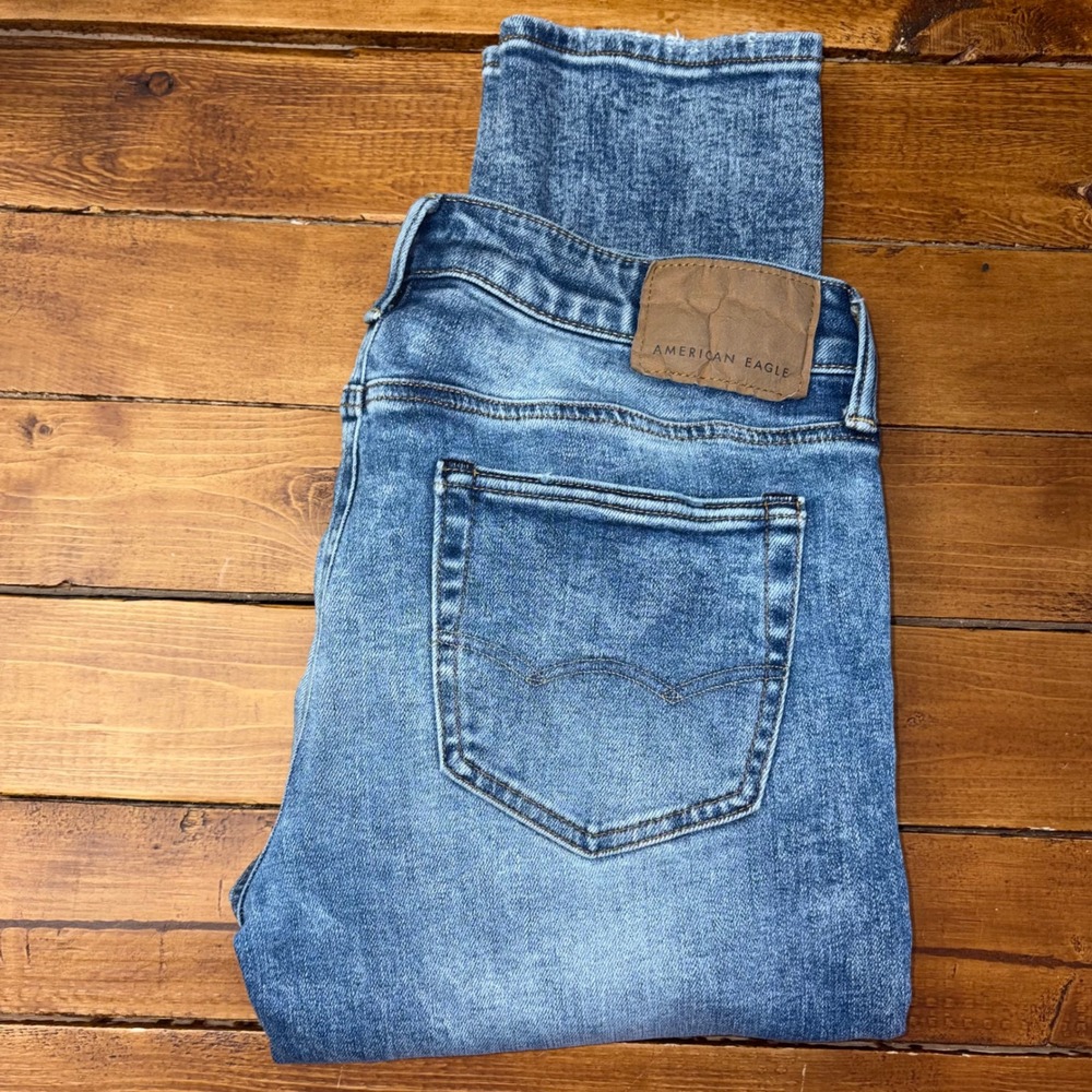 American Eagle Skinny Jeans Mens 30x34 Blue Distressed Ripped Acid Wash Denim